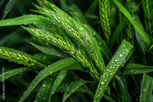 Rain-soaked Green Wheat Stalks Glisten After a Refreshing Morning Rain Shower