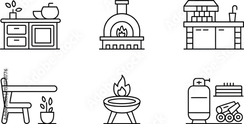 A set of six line art illustrations depicting outdoor kitchen and cooking elements on white background