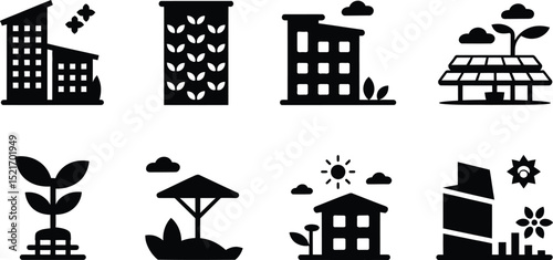 A set of eight black glyph icons showing urban farming and sustainable building design on white background
