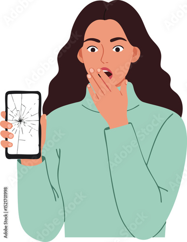 Woman showing broken phone screen with surprised expression in casual clothing vector illustration 