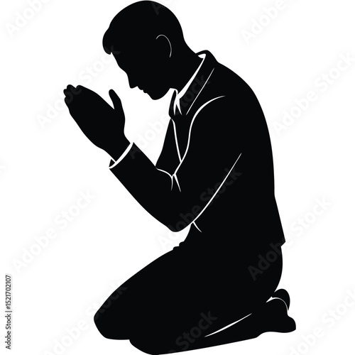 Silhouette of Kneeling Man Praying with Hands Clasped in Black and White