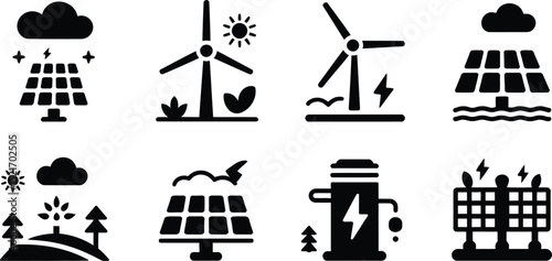 Collection of black and white icons representing renewable energy sources and sustainable technology