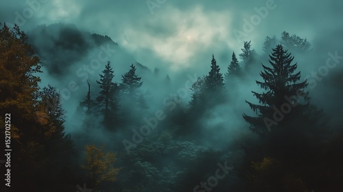 Misty Forest: Trees shrouded in fog create an ethereal and mysterious scene.