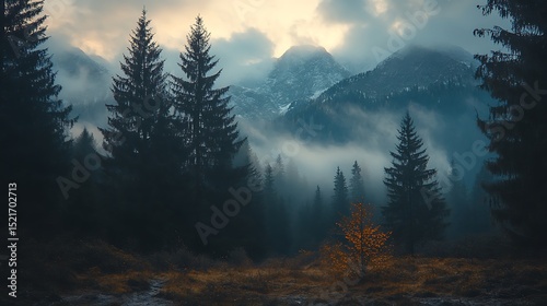 Forest landscape with misty mountains