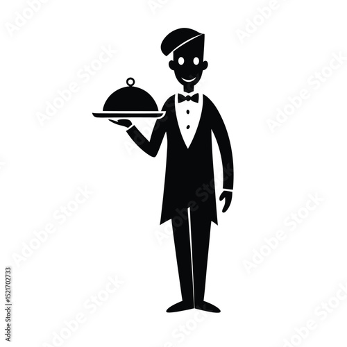 Stylized Silhouette of a Waiter Holding Covered Platter on White Background