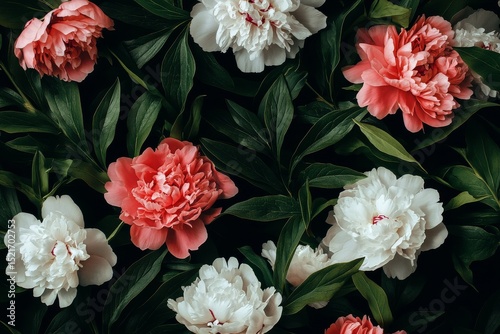 Colorful Peonies in Full Bloom Surrounded by Green Leaves in a Garden Setting