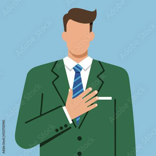 Man in green suit with blue striped tie placing hand on chest in flat vector illustration