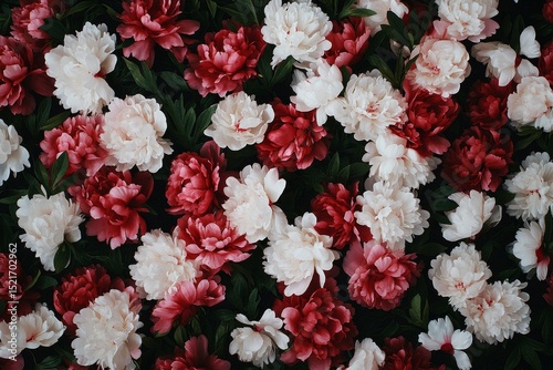 Colorful Peonies and Green Leaves Create a Vibrant Floral Arrangement in a Na...