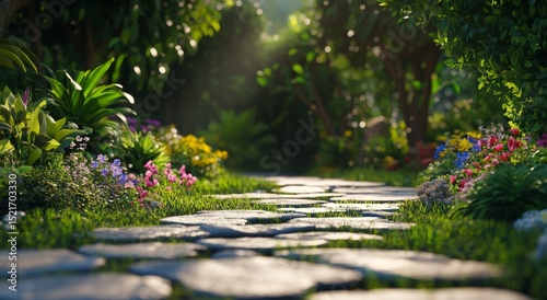 Lush Garden Pathway Surrounded by Vibrant Flowers in a Peaceful Outdoor Setting