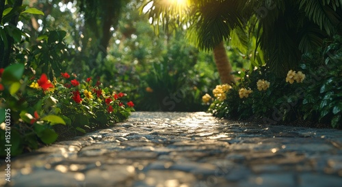 Lush Garden Pathway Surrounded by Vibrant Flowers in a Peaceful Outdoor Setting.