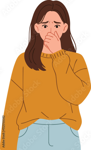 Young woman in mustard sweater holding nose uncomfortable with bad smell vector illustration 