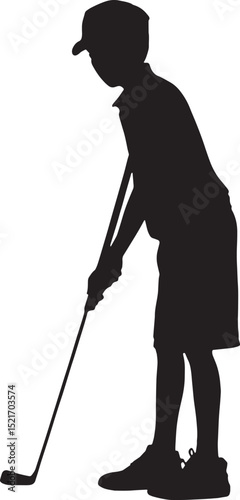 Silhouette of a young boy golfer bending forward, preparing for a shot. Great for instructional graphics, SVGs, and sports-themed designs.