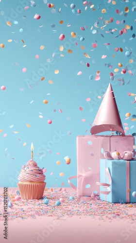 Colorful Birthday Celebration With Cupcake, Gifts, and Confetti in a Bright S...