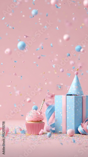 Colorful Birthday Celebration With Cupcake, Gifts, and Confetti in a Bright S...
