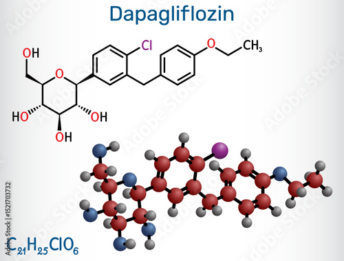 Dapagliflozin molecule. SGLT2 inhibitor used in the treatment of type 2 diabetes