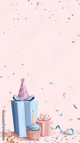 Colorful Birthday Celebration With Festive Confetti and Decorative Gifts on D...
