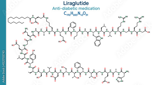 Liraglutide molecule. Modified GLP-1 receptor agonist used for type 2 diabetes and weight management. Medical peptide structure illustration