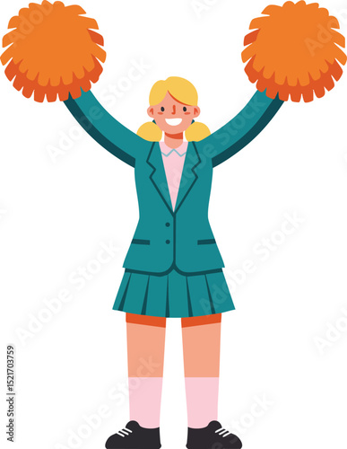 Cheerleader girl with orange pom poms in teal uniform performing energetic cheer routine vector illustration 