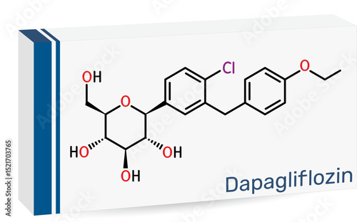 Dapagliflozin molecule. SGLT2 inhibitor used in the treatment of type 2 diabetes. Skeletal chemical formula. Paper packaging for drugs
