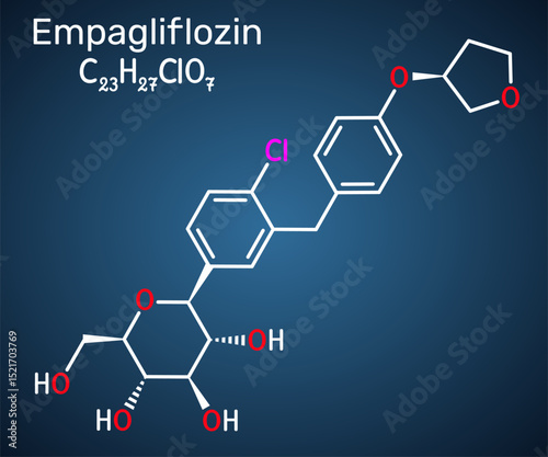 Empagliflozin molecule. SGLT2 inhibitor used to treat type 2 diabetes and lower blood glucose. Dark blue background