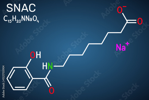 Sodium salcaprozate, SNAC molecule. Absorption enhancer for oral peptide drug delivery. Skeletal formula, dark blue background