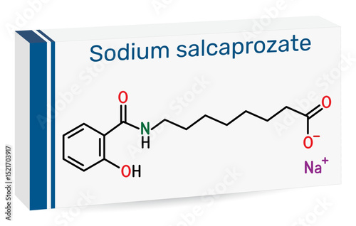 Sodium salcaprozate, SNAC molecule. Absorption enhancer for oral peptide drug delivery. Skeletal formula. Paper packaging for drugs