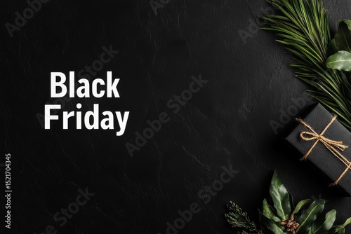 Black Friday Sale Preparation With Gift Box and Greenery on Dark Background