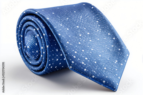 A close-up shot of a rolled-up blue tie with a dotted design. The fabric is textured and appears soft
