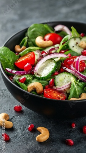 Fresh Salad With Tomatoes, Cucumbers, and Pomegranate Served in a Black Bowl.