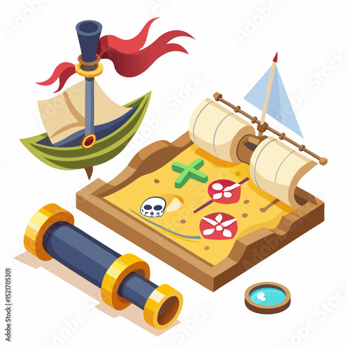 Talk Like a Pirate Day Vector – Pirate Icons, Treasure, Ship, Skull Hat, Isolated Design on White Background