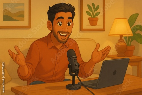 Cheerful man podcasting from cozy home studio with warm lighting