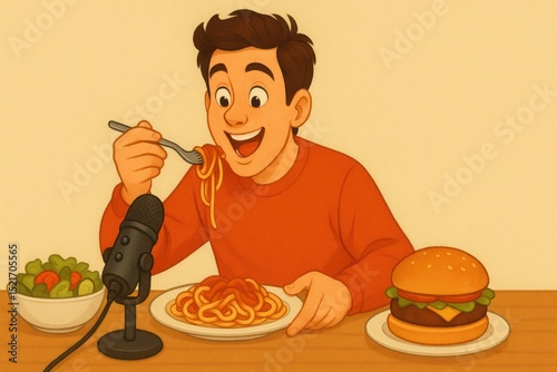 Smiling food vlogger enjoys delicious meal on camera while recording