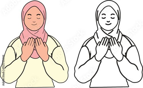 Muslim women praying with hands raised vector illustration for Islamic religious content, Eid, Ramadan and dua concept