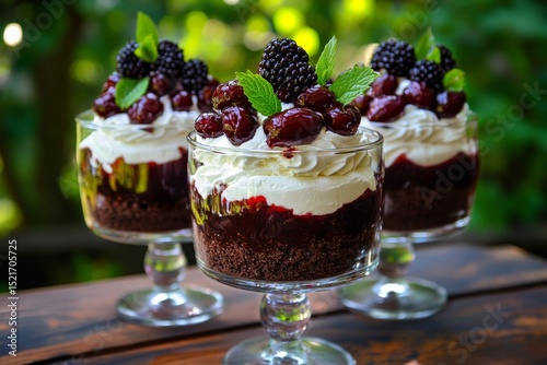 Delicious Layered Dessert With Blackberries and Mint Displayed Outdoors on a ...