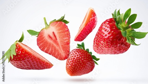 Strawberries and Sliced Strawberries Flying in the Air – Isolated on White Background