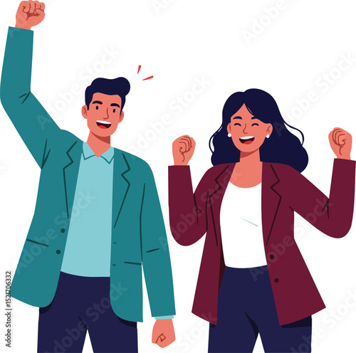 Happy young man and woman celebrating success with raised fists in casual business attire vector illustration 