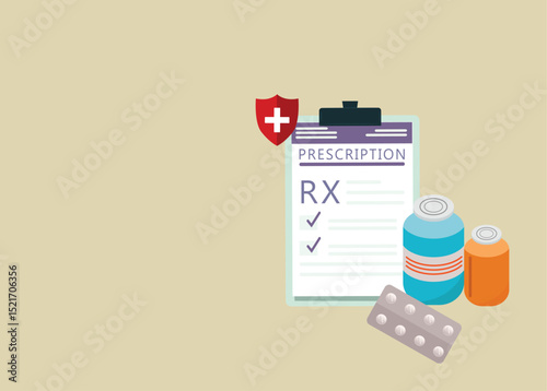 Medical prescription drugs concept. Recipe on clipboard. Diseases therapy pills. Pharmacy control.
