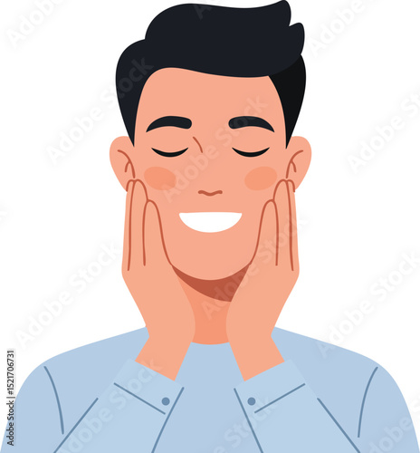 Man touching cheeks with hands smiling feeling relaxed and content vector illustration 