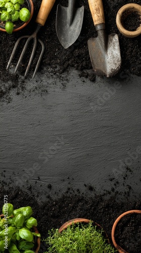 Gardening Tools and Fresh Herbs Arranged on Dark Soil in a Garden Setting