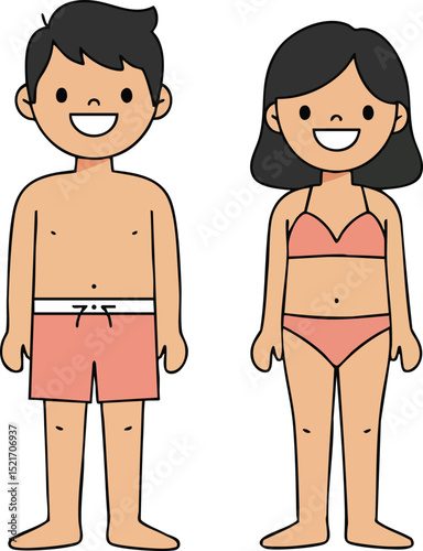 Children in swimwear boy and girl smiling standing front view happy summer vector illustration 