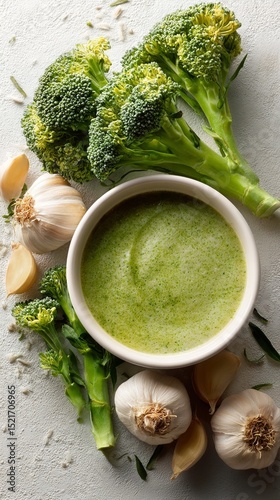 Delicious Green Broccoli Soup With Garlic and Fresh Ingredients on a Light Su...