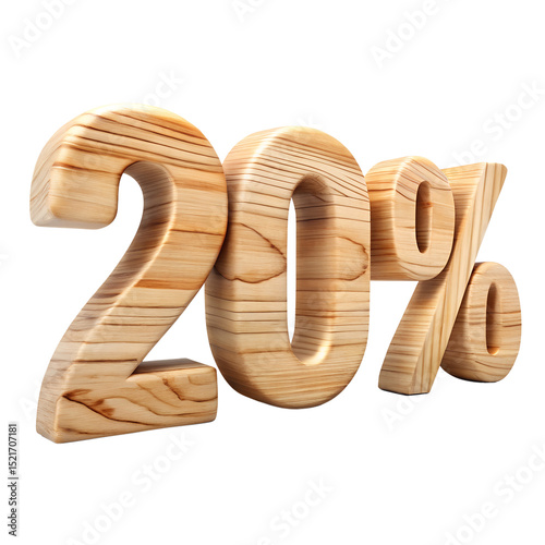 Fototapeta Naklejka Na Ścianę i Meble -  3d wood carved twenty percent sign with natural texture png