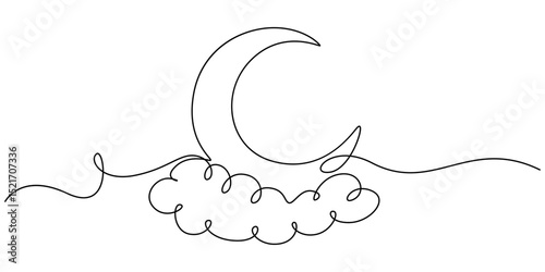 Watercolor hand drawing picture - cloud,moon and star.Good as world sleep day concept, One continuous line drawing of Moon with cloud and stars. Sweet dream concept for nursery in simple linear style.
