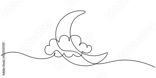 Watercolor hand drawing picture - cloud,moon and star.Good as world sleep day concept, One continuous line drawing of Moon with cloud and stars. Sweet dream concept for nursery in simple linear style.