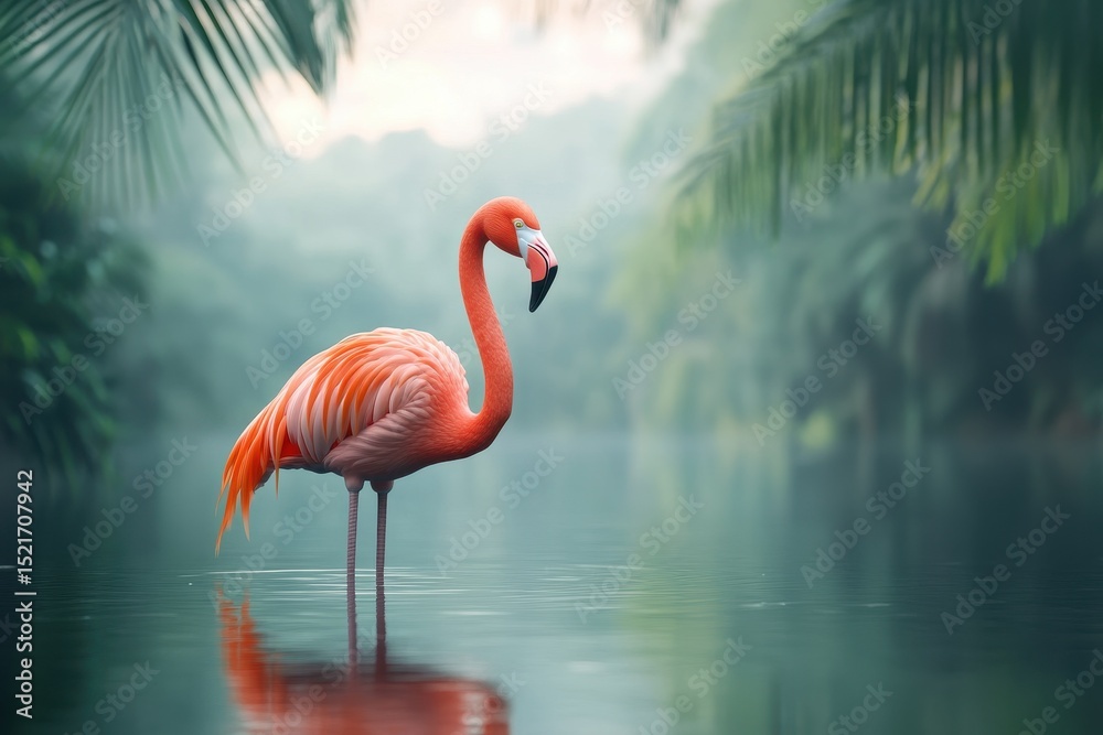 Fototapeta premium Bright pink flamingo stands tall in a serene lake, A bright pink flamingo stands gracefully in a calm lake, surrounded by tranquil water and soft reflections