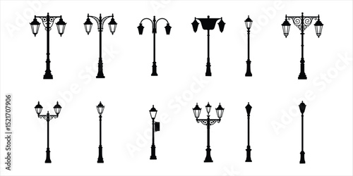 street lamp icon set vector silhouette on white background.