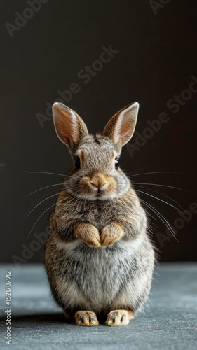 Cute rabbit standing upright with expressive whiskers and fluffy fur in a soft-lit indoor setting