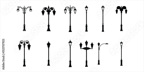 street lamp icon set vector silhouette on white background.