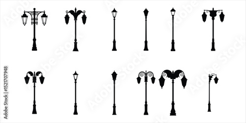 street lamp icon set vector silhouette on white background.