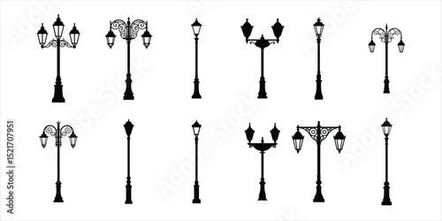 street lamp icon set vector silhouette on white background.